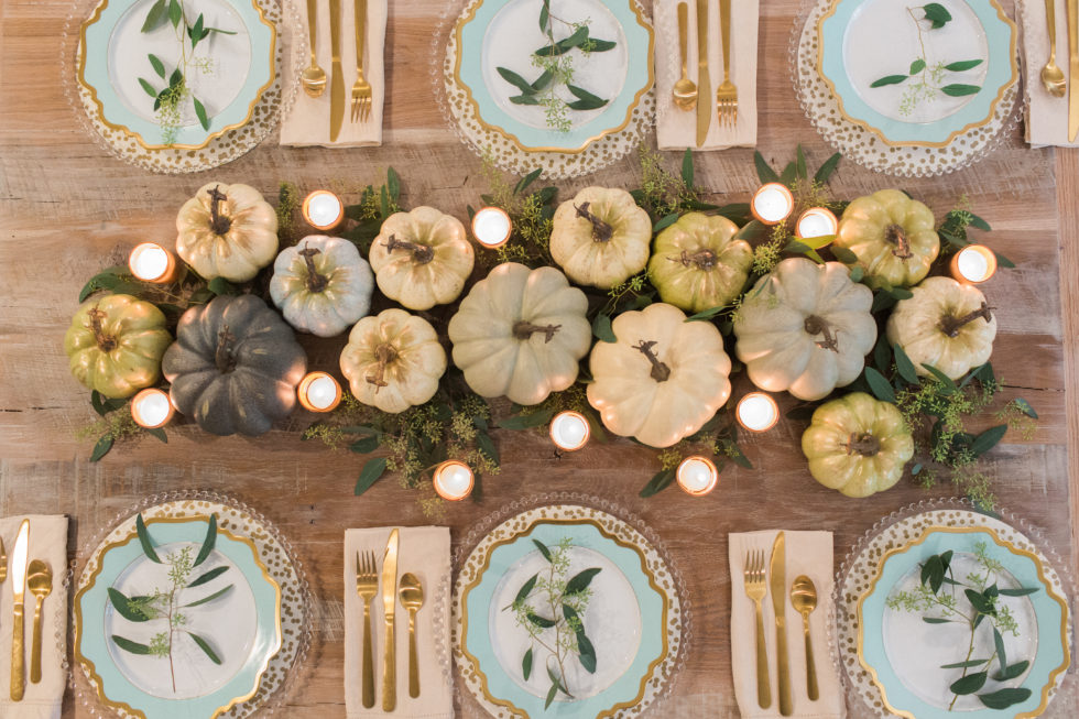 Unexpected Thanksgiving Table Decor with aqua, cream and celadon
