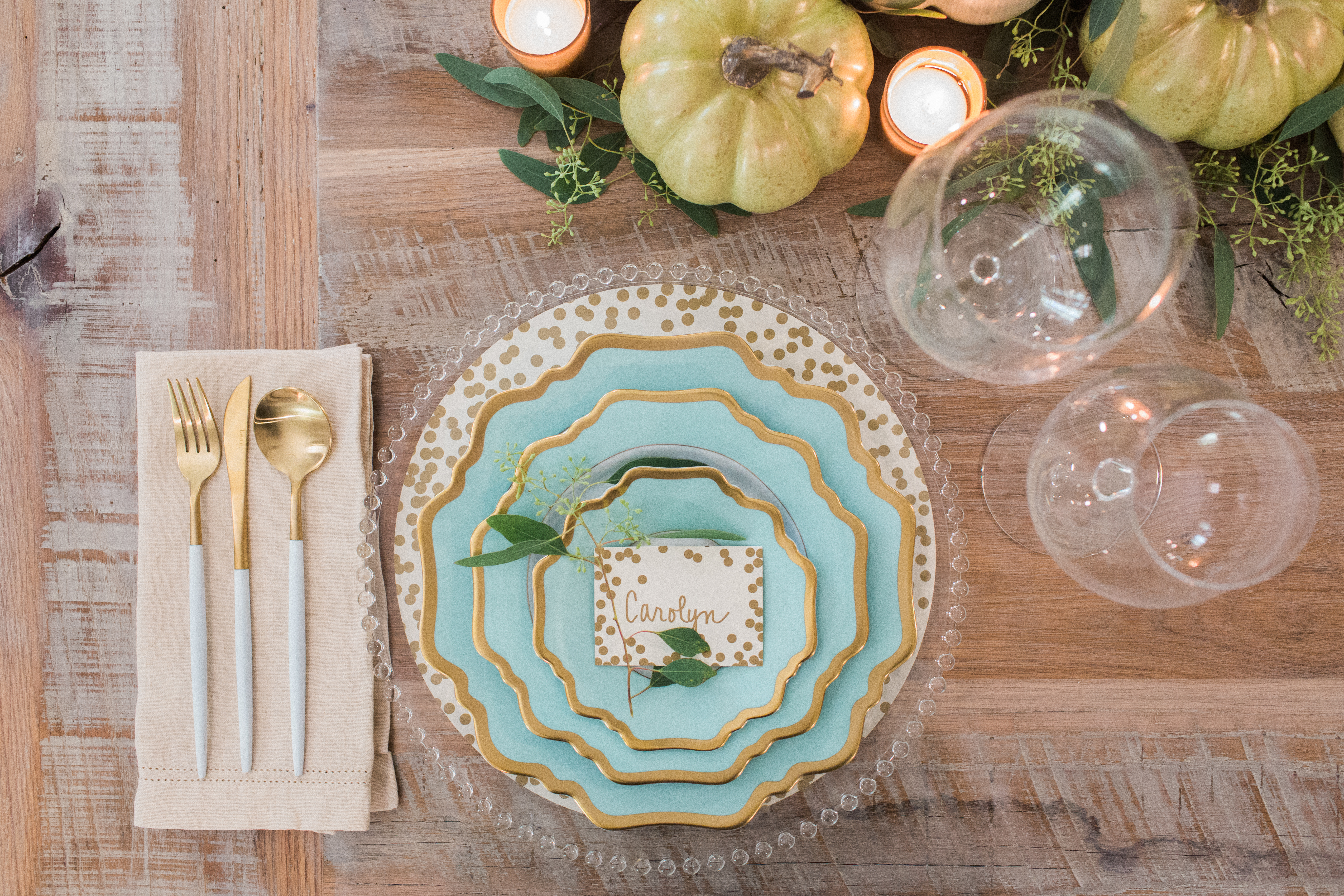 Thanksgiving tablescape - aqua and gold tones