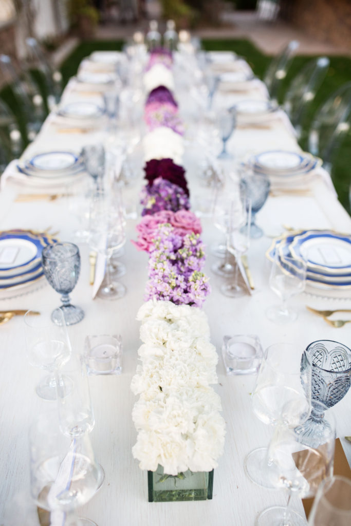 purple florals for a wine pairing dinner