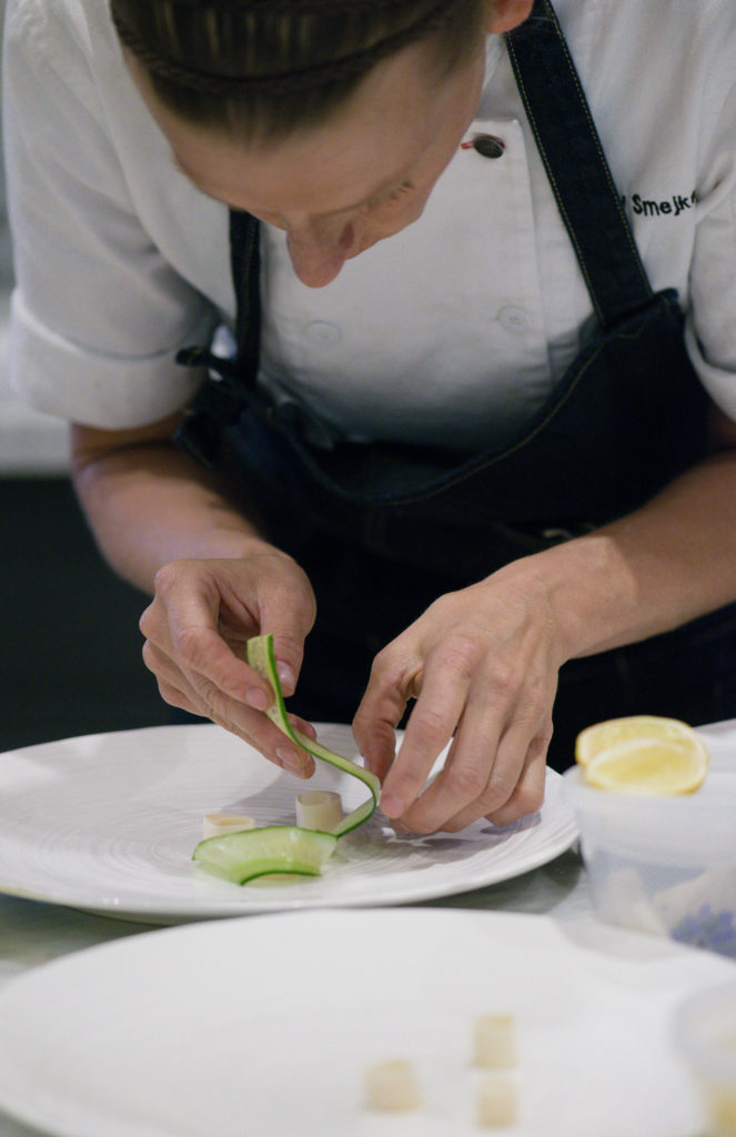 preparing seared black cod with hearts of palm