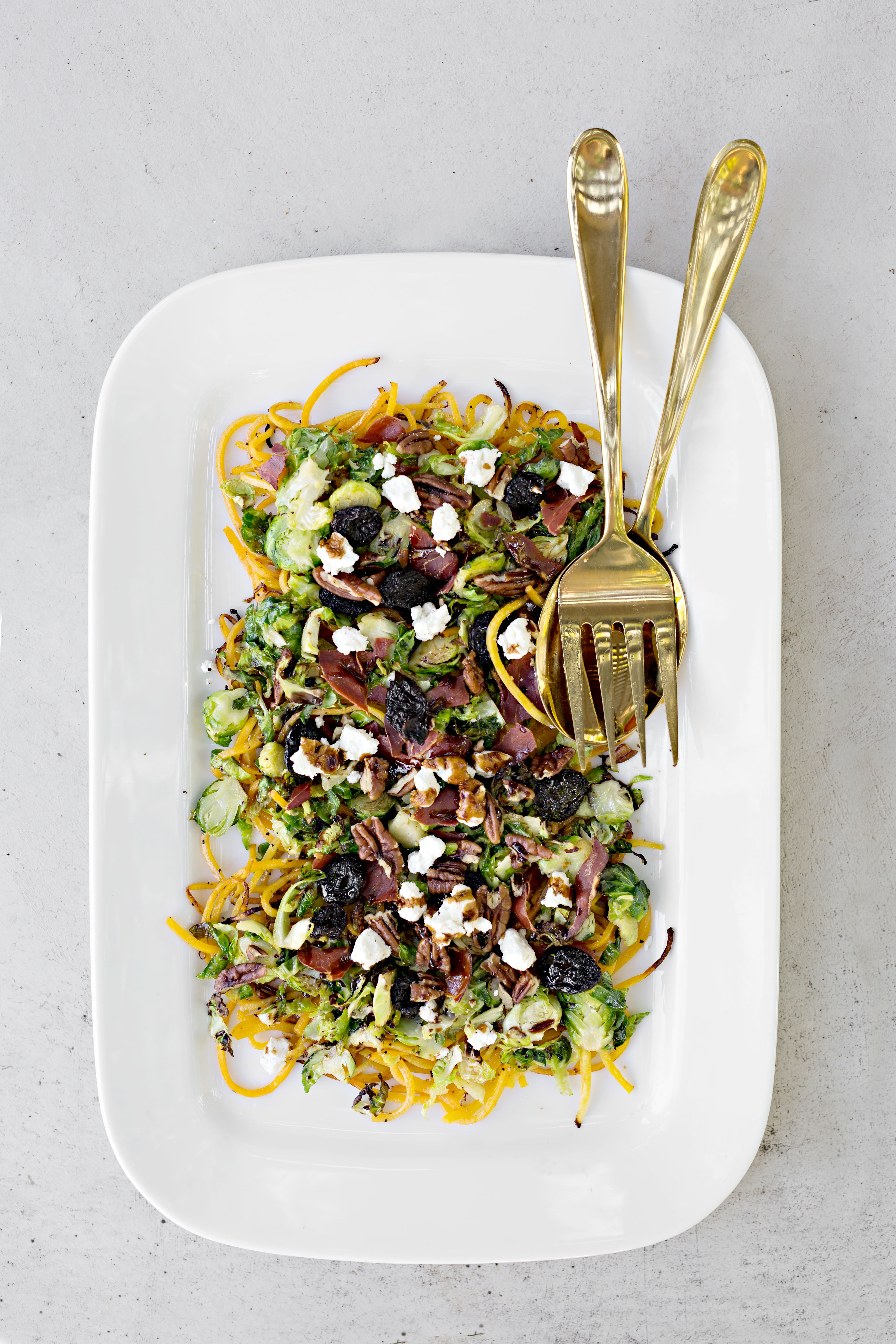 Warm Brussel Sprout and Butternut Squash Salad with Crispy Prosciutto