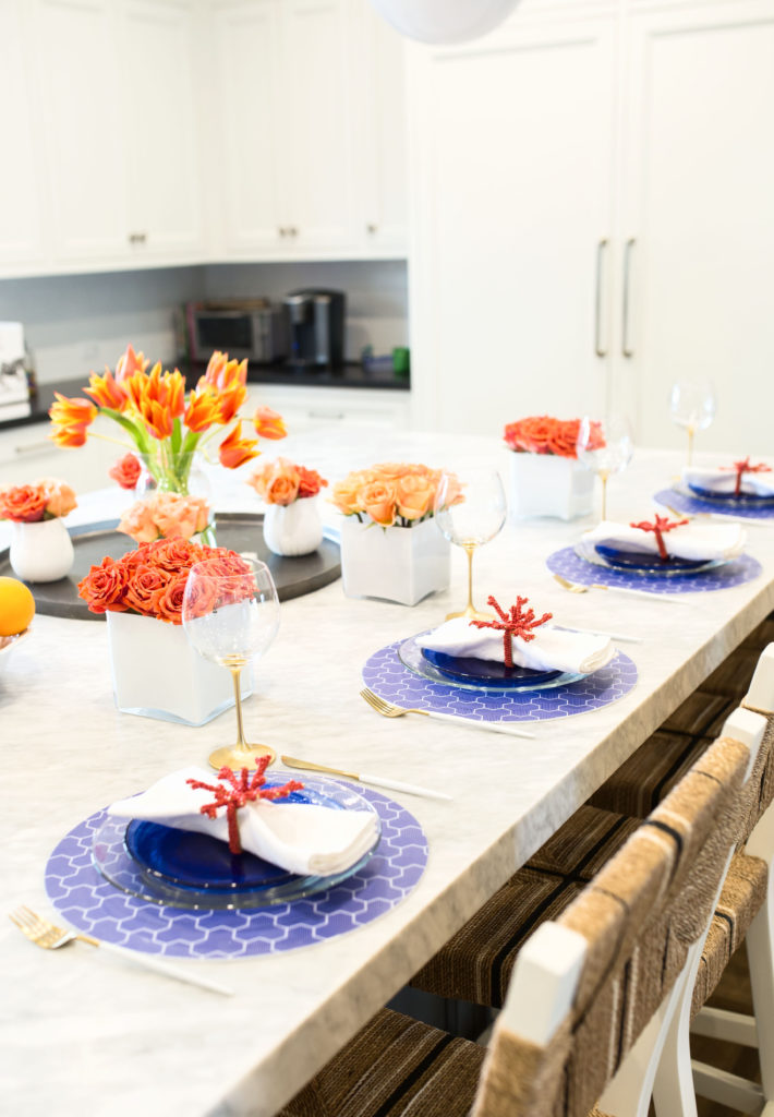 blue, white & coral table place setting