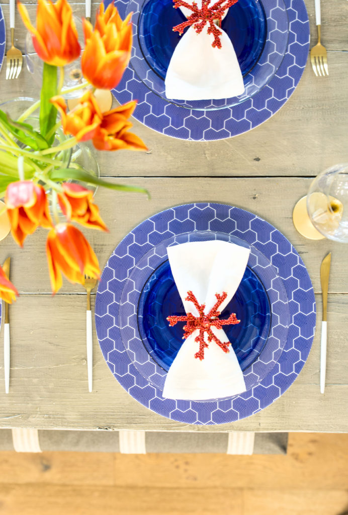 blue, white & coral table place setting