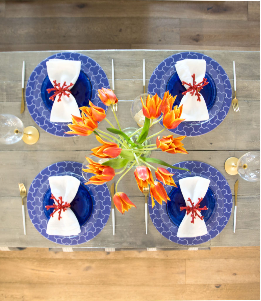 blue, white & coral table place setting