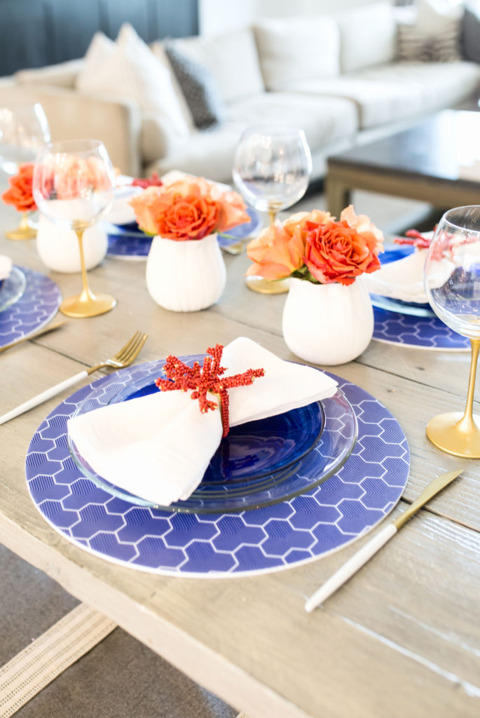 blue, white & coral table place setting