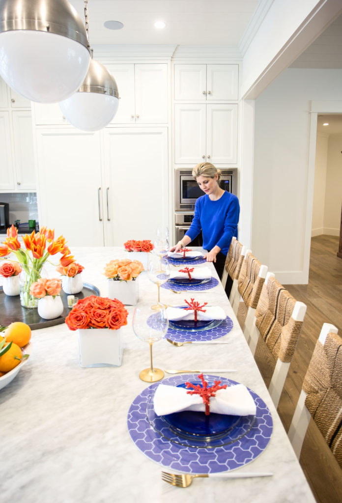 blue, white & coral table place setting