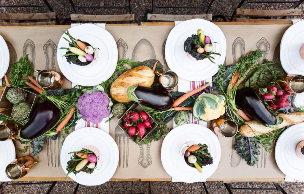 farmer's market dinner party aerial table view