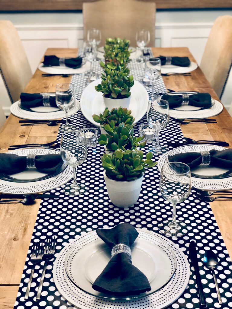 white and black polka dot table