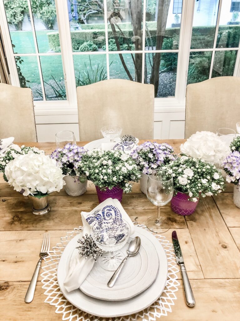 purple and white table decor