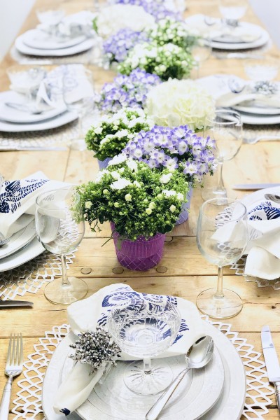 purple and white table decor