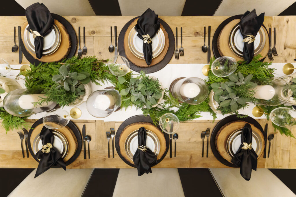 black and gold holiday table