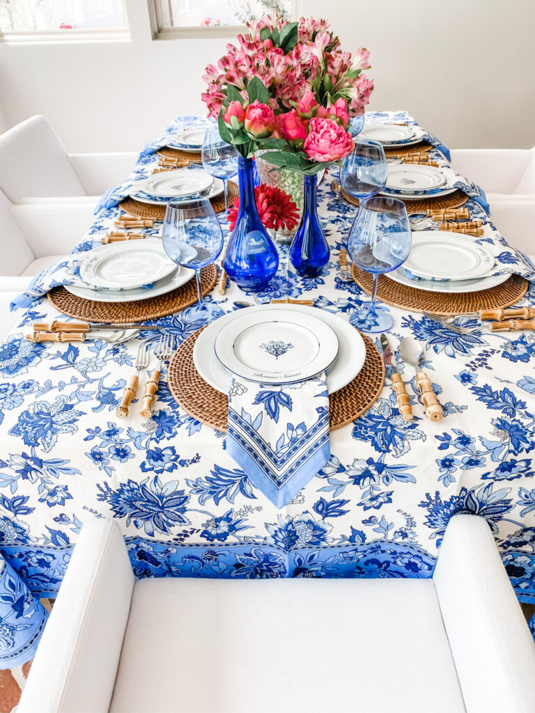 Blue Wildflower Watercolor Floral Stems- Linen Table Cloth