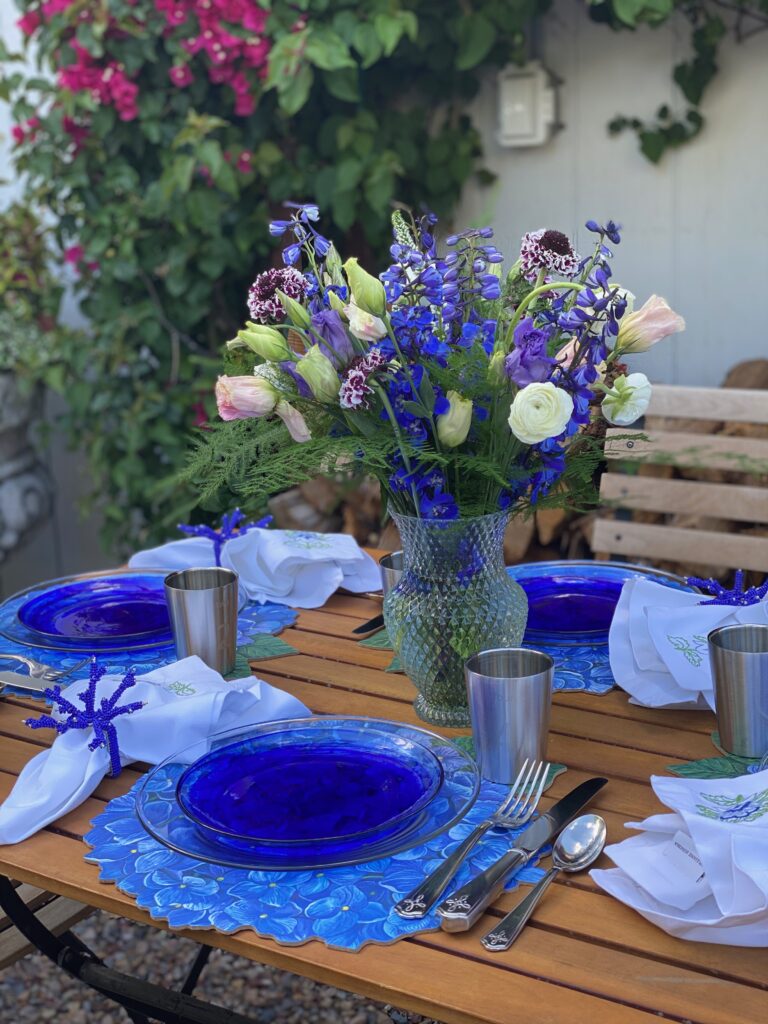 blue and white table
