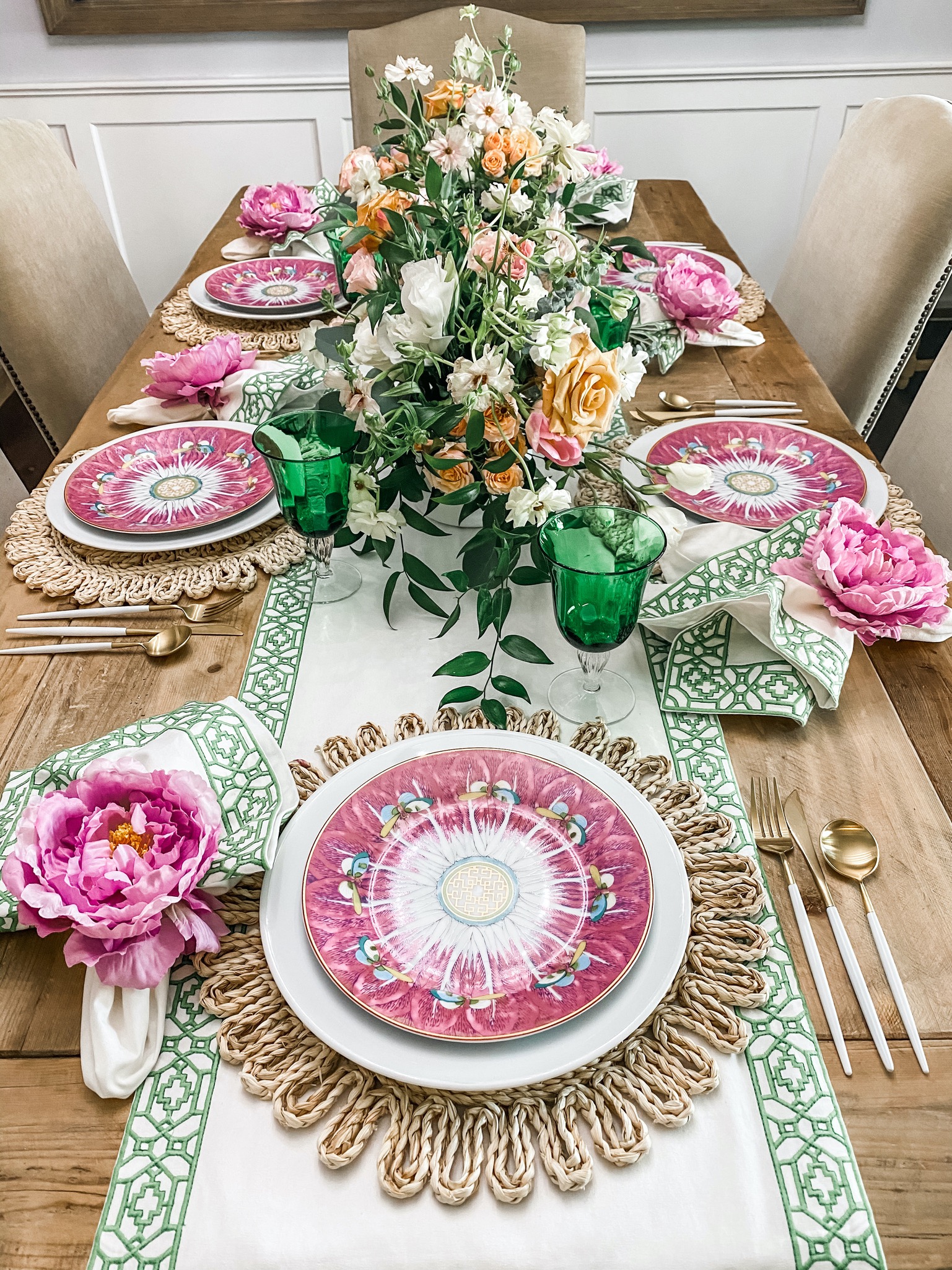 Pink and Green Table Spring Rose Motifs to have + to host