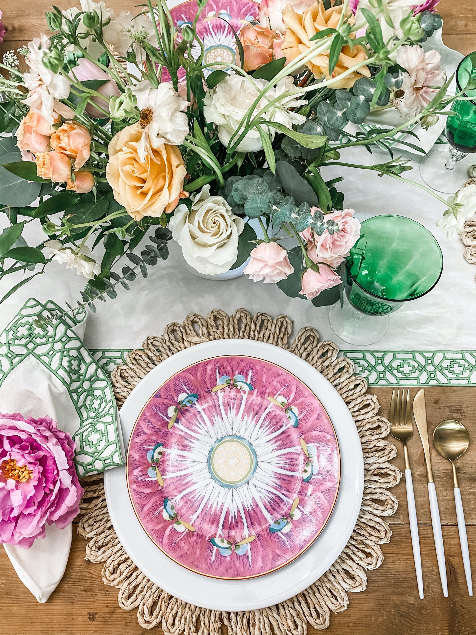 Pink and Green Table Spring Rose Motifs to have + to host
