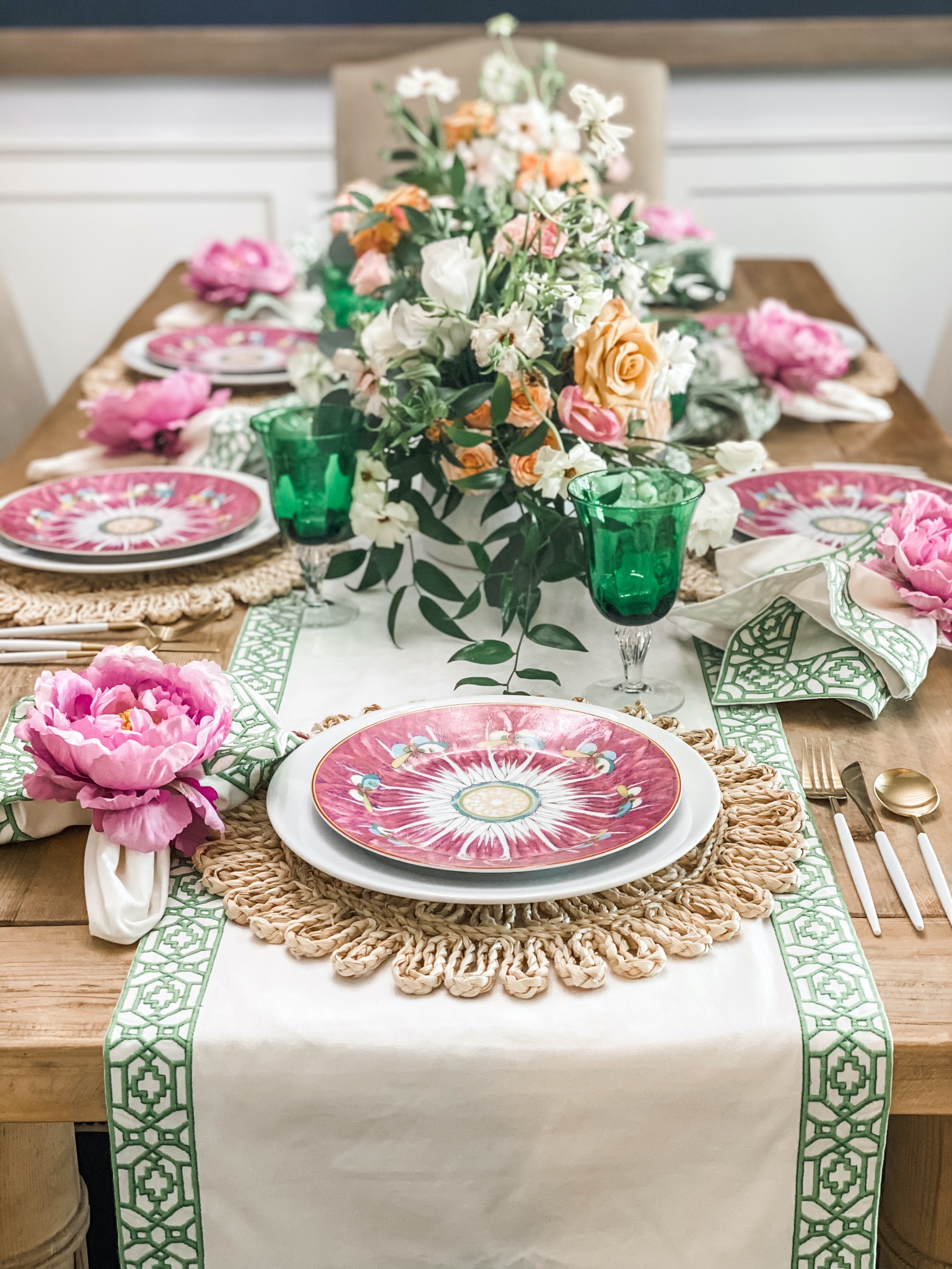 Pink and Green Table: Spring Rose Motifs