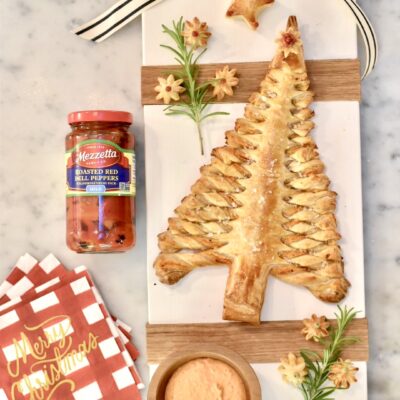 Puff Pastry Tree with an Easy Roasted Red Pepper Dip