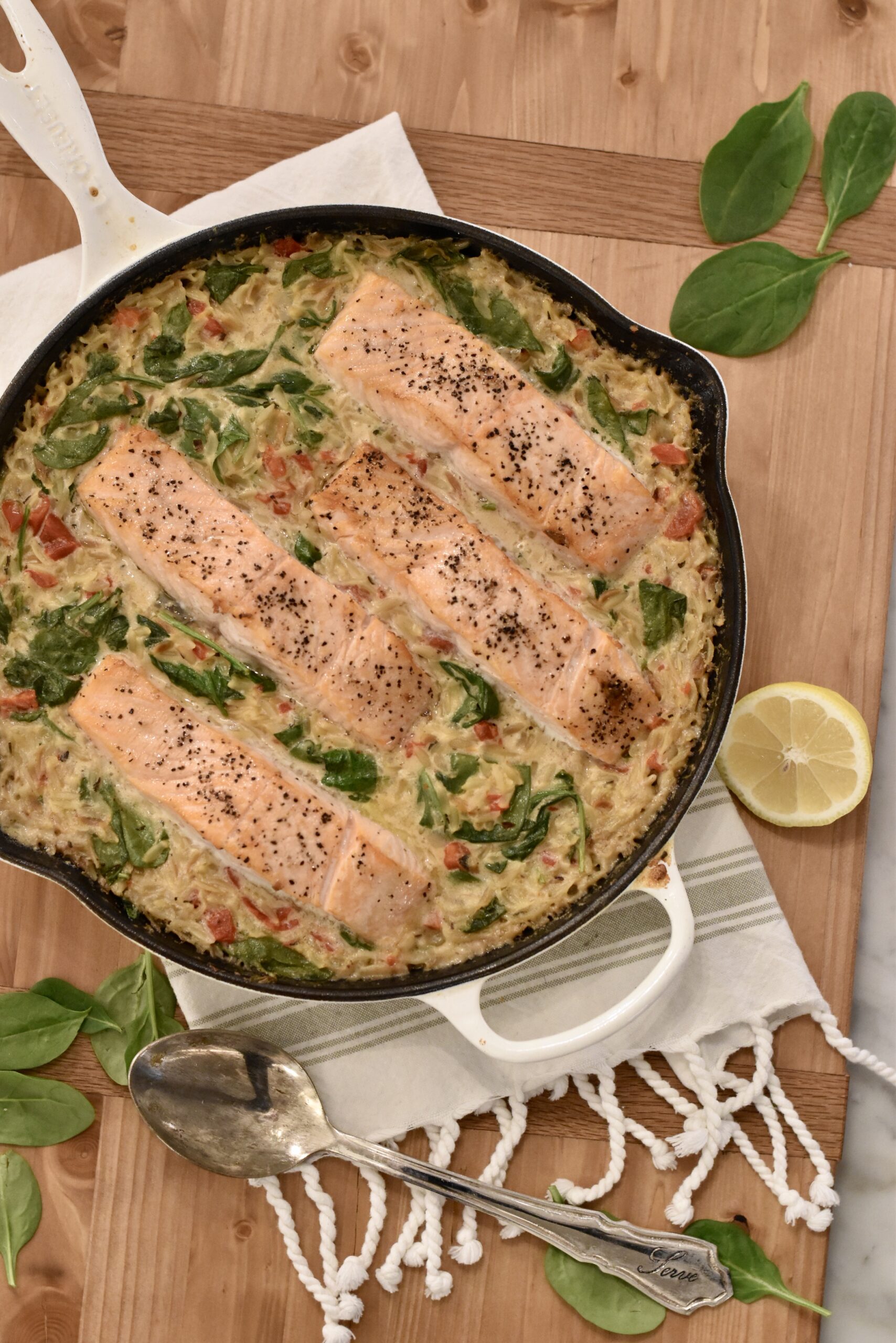One Skillet Salmon Recipe in a Creamy Orzo Sauce - to have + to host