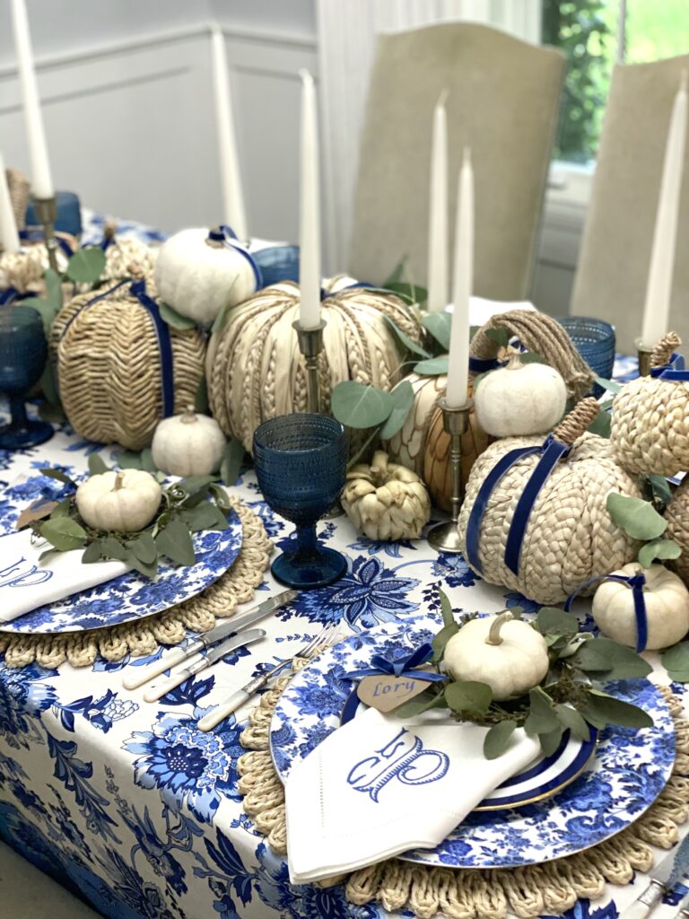 Blue and white Thanksgiving table