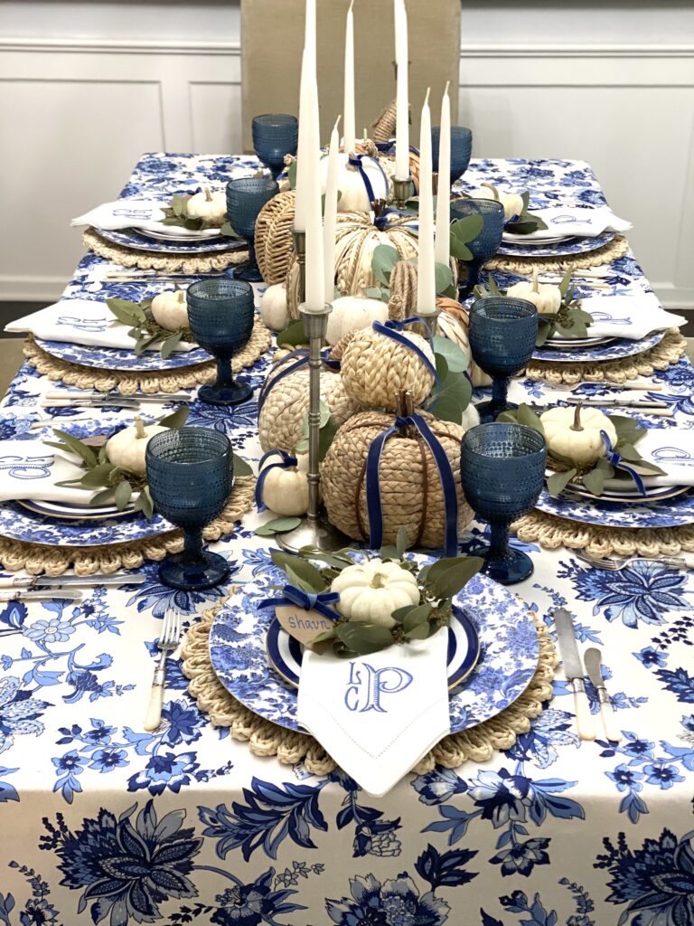 Blue and white Thanksgiving table